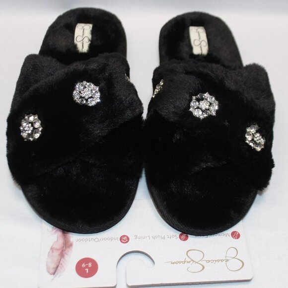 NWT Jessica Simpson Black Fur and Rhinestone Memory Foam Slippers - Picture 3 of 12